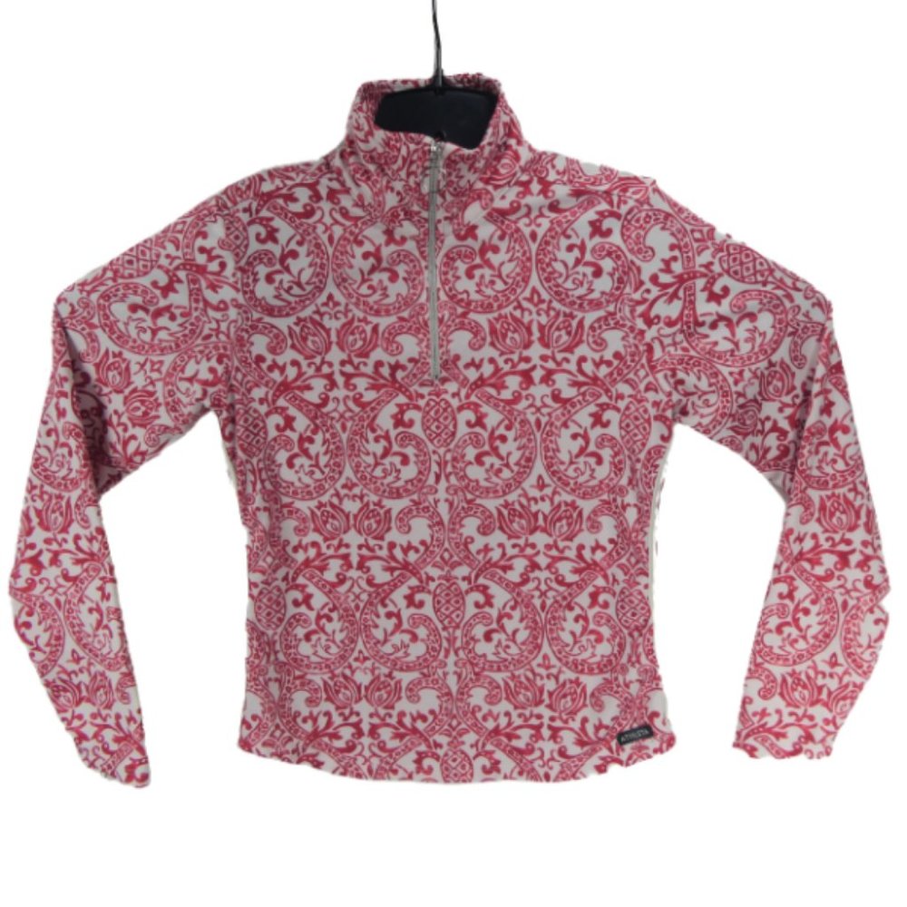 Athleta Womens Red White S Paisley 1/4 Zip Jacket Thumb Straps USA Made